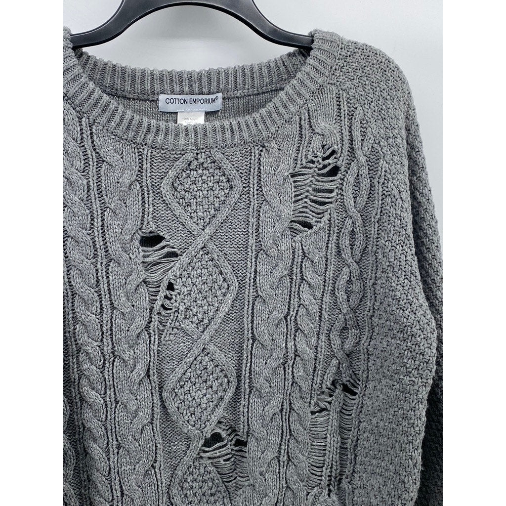 COTTON EMPORIUM Women's Gray Cable Knit Crewneck Distressed Pullover Sweater SZM