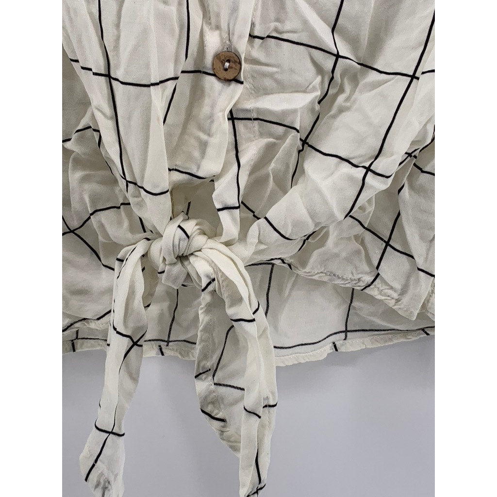 LOVE NOTES Women's White-Black Windowpane Tie-Front Button-Up Top SZ M