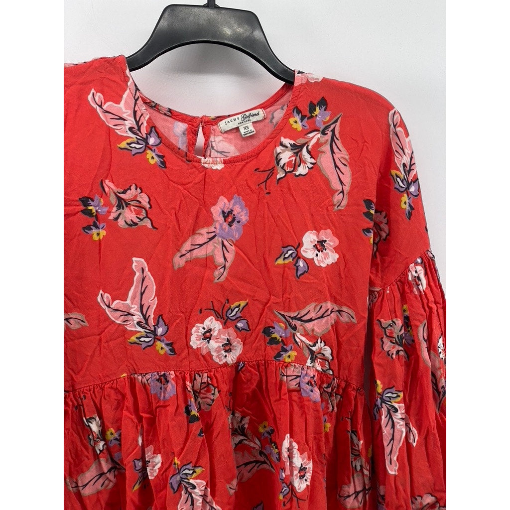JACHS GIRLFRIEND NEW YORK Women's Red Floral Ruffle Crochet-Trim Blouse SZ XS
