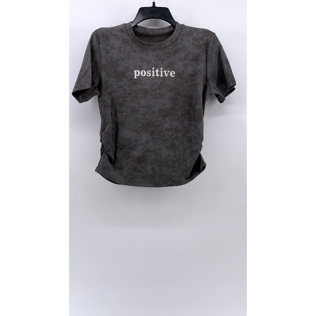 UNBRANDED Women's Gray Tie-Dye Crewneck Positive Logo Side-Ruched Casual Top SZS