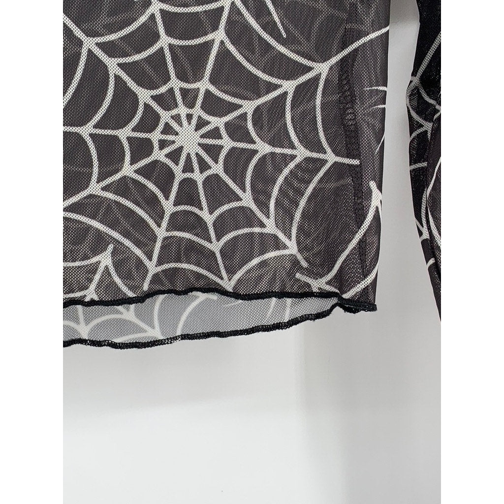 SHEIN Women's Black-White Mesh Spider Web Print Long Sleeve Mock Crop Top SZ 6