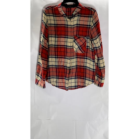 ZARA BASIC Women’s Red Plaid Regular-Fit Button-Up Long Sleeve Top SZ L