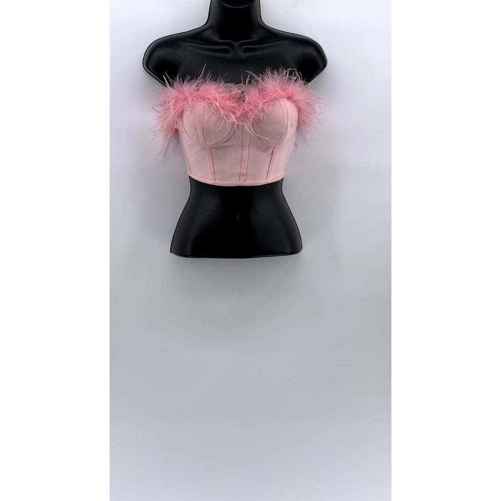 SUPERDOWN Women's Light Pink Ramona Furry Strapless Coquette Crop Top SZ XS