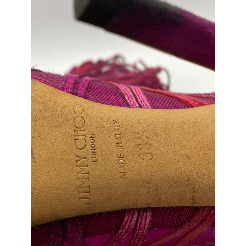 JIMMY CHOO Women's Magenta Kafira Mesh Peep-Toe Stiletto Booties SZ 38.5(US8.5)