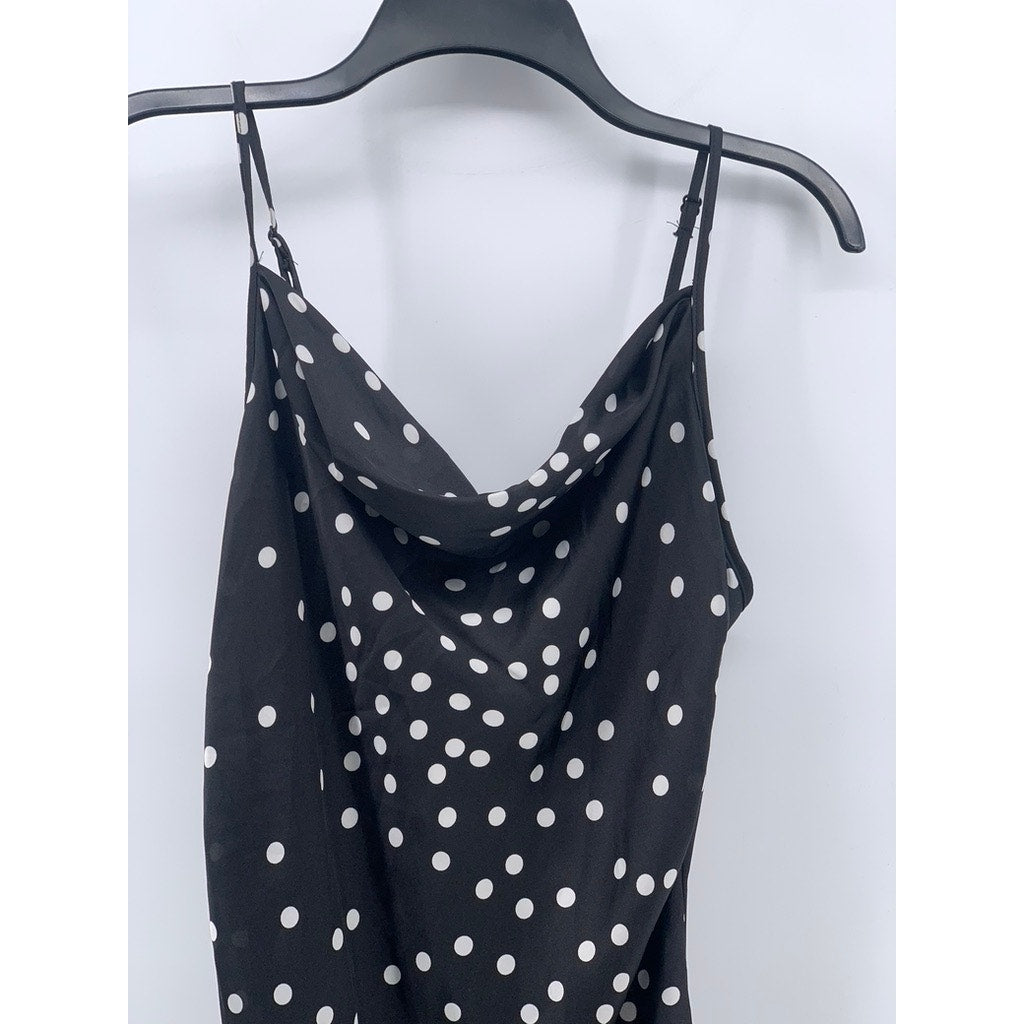BEBE Women's Black-White Polka Dot Satin Cowl-Neck Slip Midi Dress SZ S