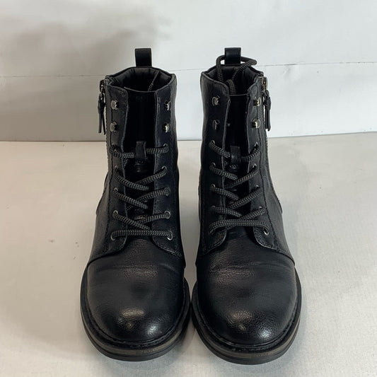 BARETRAPS Women's Black Amysue Faux-Leather Block-Heel Combat Boots SZ 8
