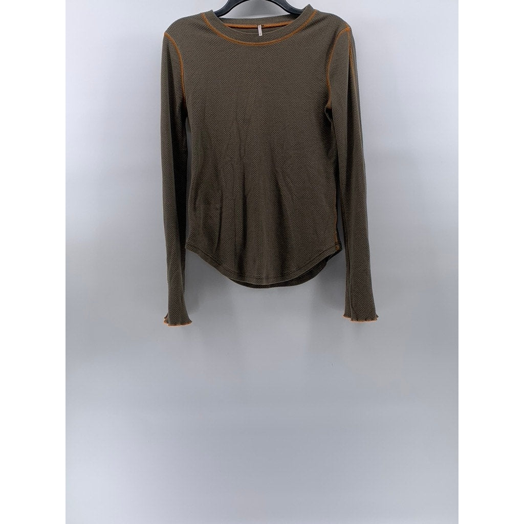 FREE PEOPLE Women's Olive Green-Orange Trim Long Zipper Cuff Sleeve Top SZ M