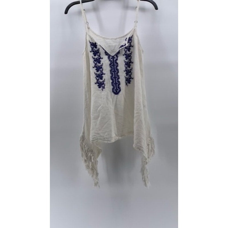 FOREVER 21 Women's White-Blue Embroidered Fringe Asymmetrical Tank SZ S