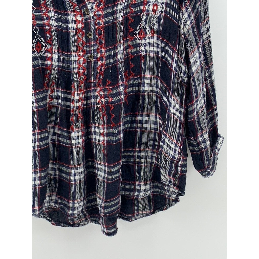 KNOX ROSE Women's Blue-Red Embroidered Popover Long Sleeve Flannel Top SZ L