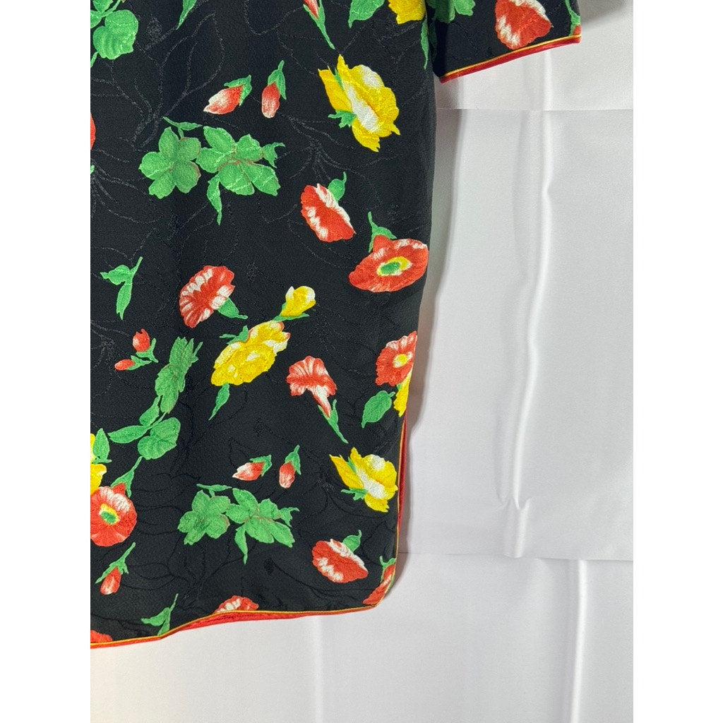 Women's Black Carnation Floral Print Wrap Cheongsam Frog-Closure Dress SZ M
