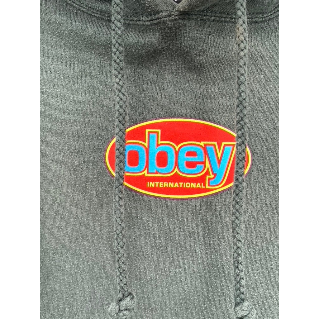 OBEY Women's Green Round Logo Distressed Pullover Hoodie SZ M