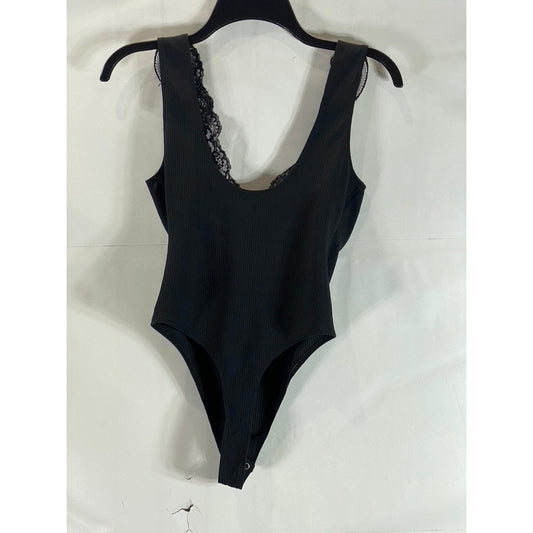 FREE PEOPLE Women's Black First Call V-Neck Lace-Trim Ribbed Thong Bodysuit SZXS