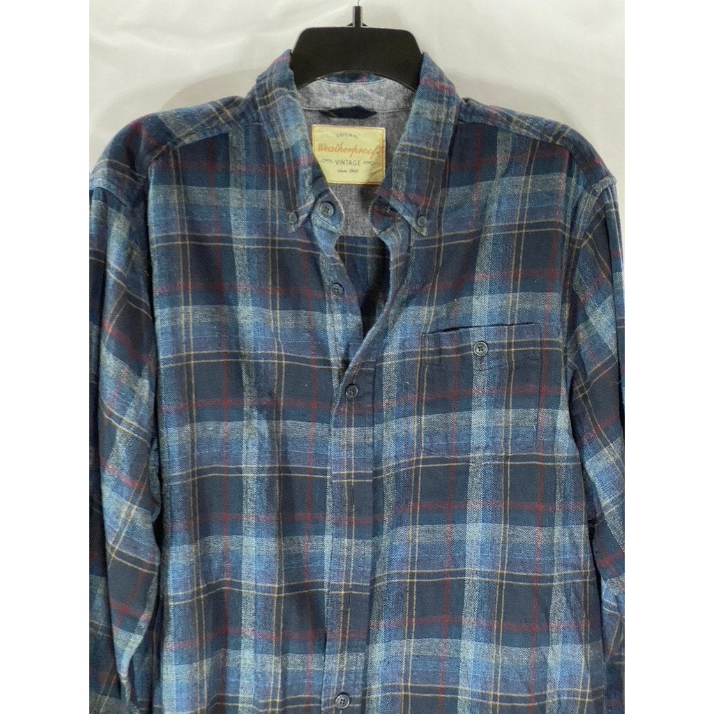 WEATHERPROOF Vintage Original Men's Blue Plaid Button-Up Regular-Fit Shirt SZ L