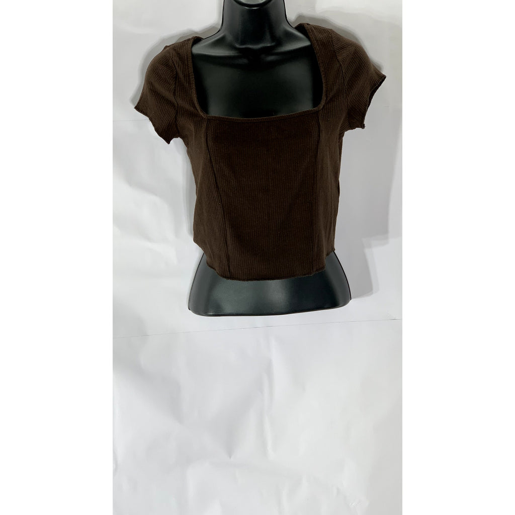 URBAN OUTFITTERS Women’s Brown Ribbed Straight-Neck Short Sleeve Cropped Top SZM