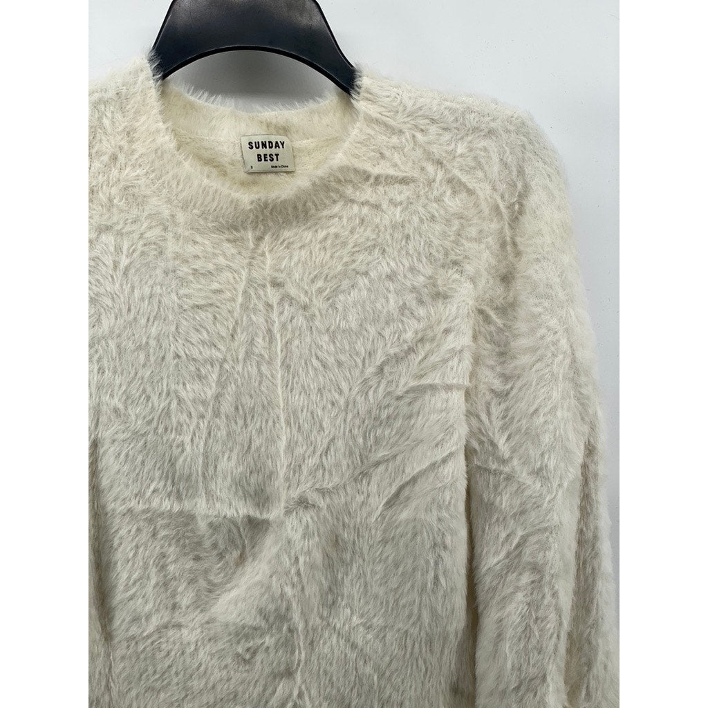 SUNDAY BEST Women's Cream Crewneck Riley Kitten Fuzzy Long Sleeve Sweater SZ S