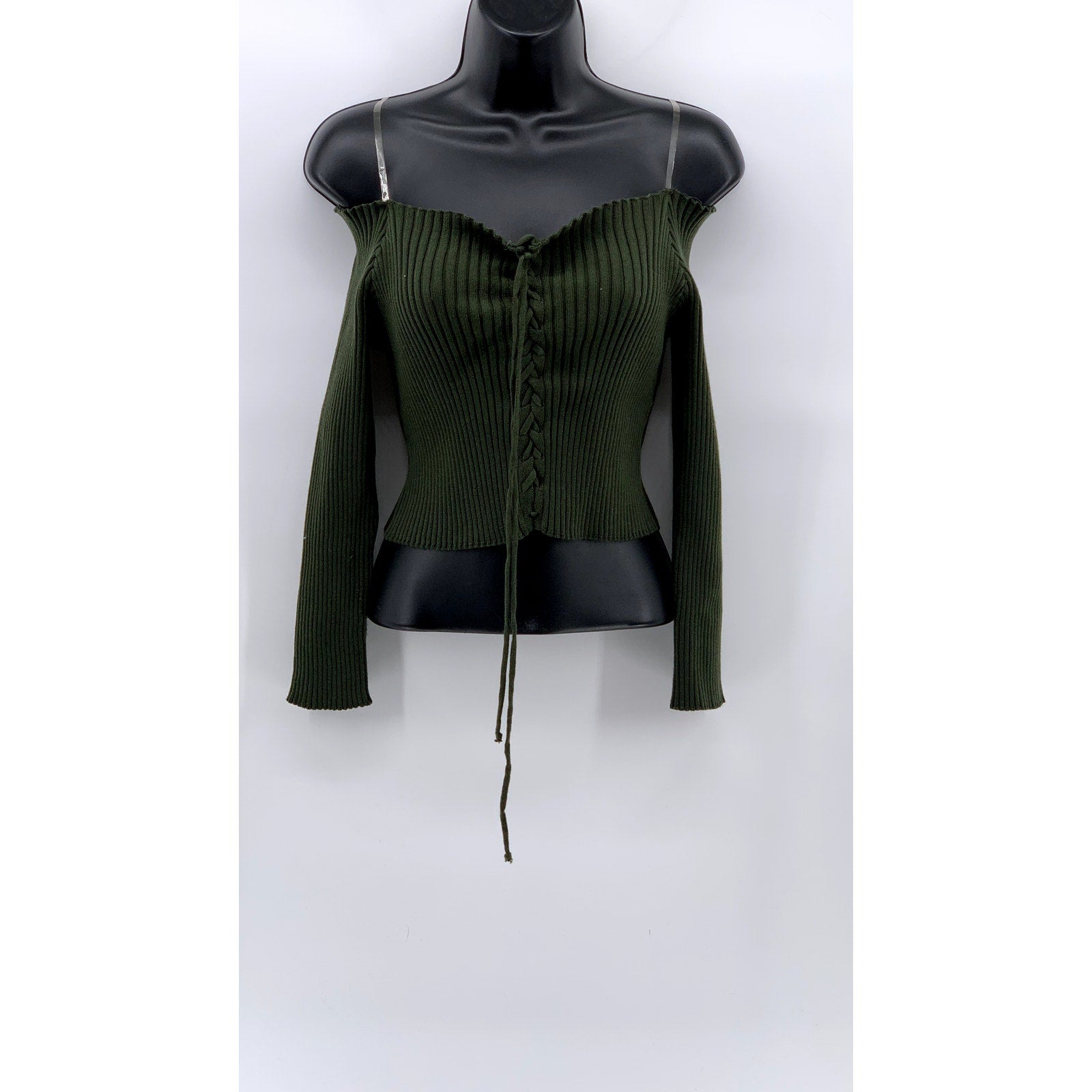 CHOCOLATE USA Women's Green Ribbed Long Sleeve Off-The-Shoulder Lace-Up Top SZML