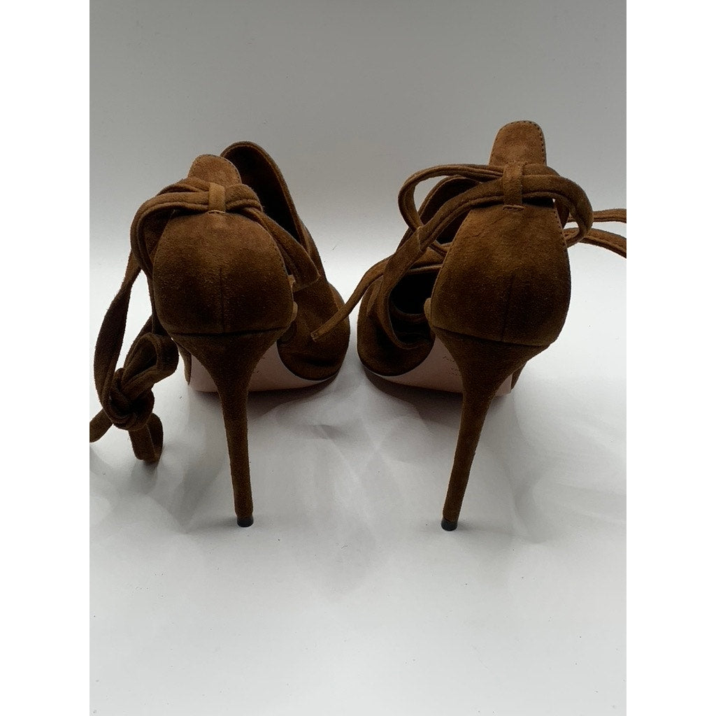 AQUAZZURA Women's Dark Brown Suede Leather Round-Tie Stiletto Heels SZ 40(US10)