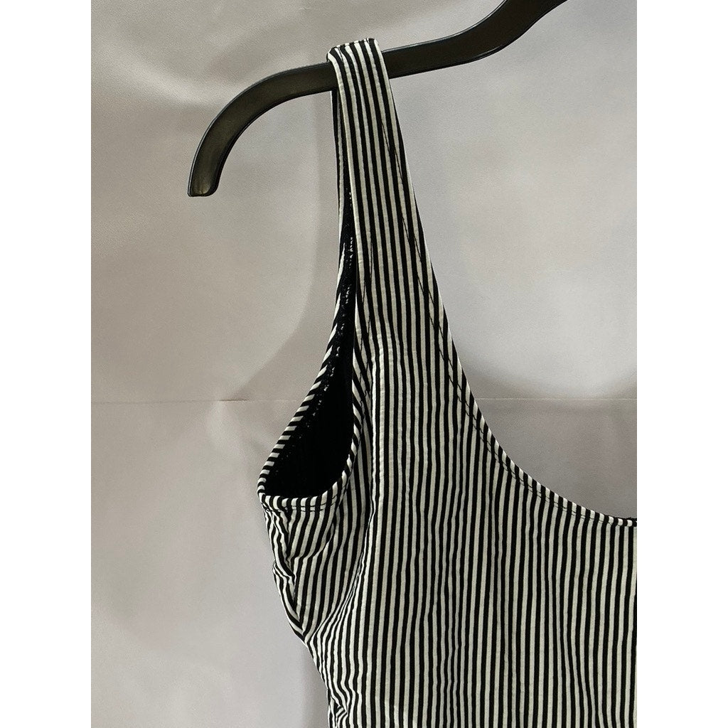 UNBRANDED Women's Black-White Striped Deep Scoop-Neck Swimsuit SZ XS