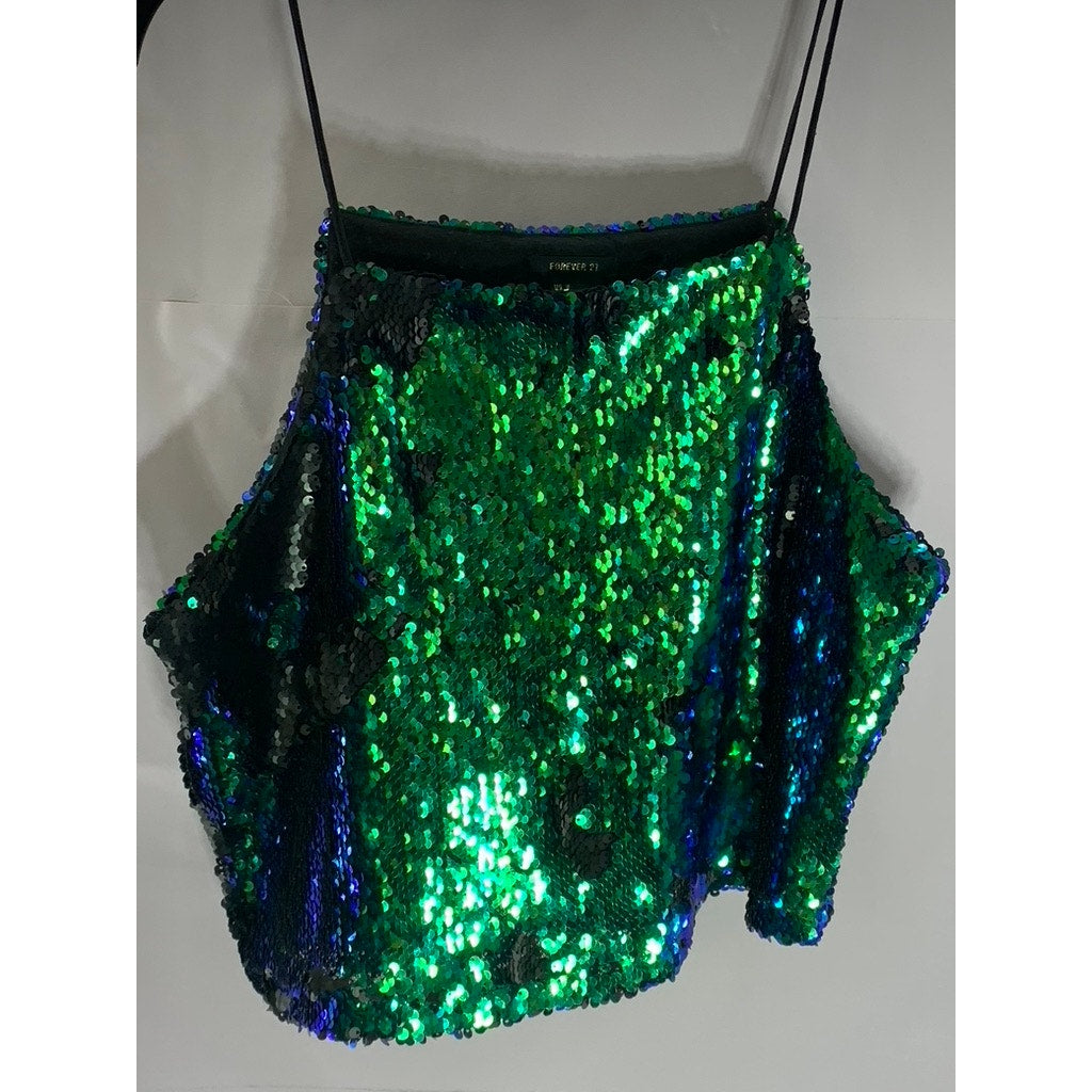 FORVEER 21 Women's Green Straight-Neck Sequin Embellished Crop Tank Top SZ S