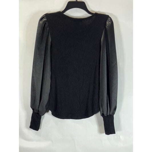 FIFTEEN TWENTY Women's Black Ribbed Crewneck Satin Puff Long Sleeves SZ S