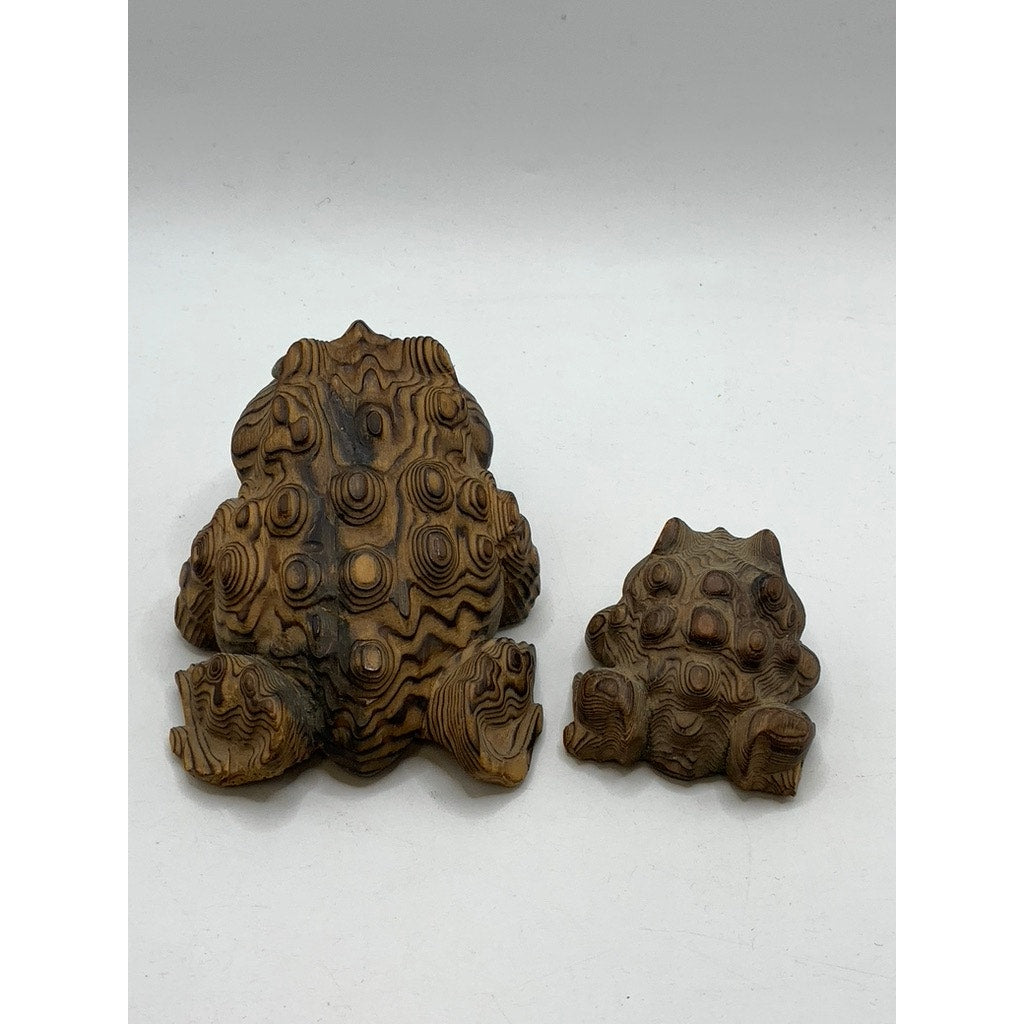 VINTAGE Brown Japanese Wood Carved Toad Set