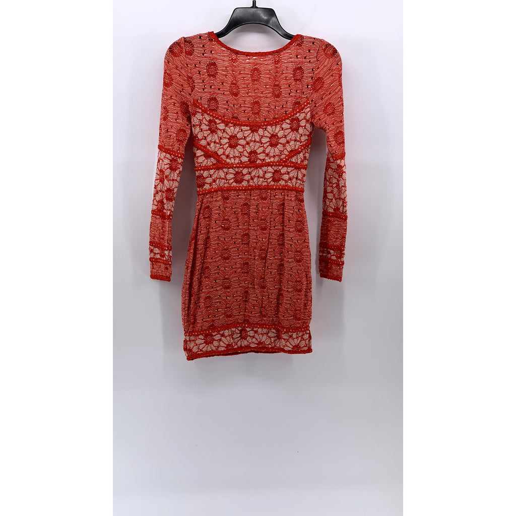 FREE PEOPLE Women's Red-Beige Floral Lace Long Sleeve Scoop-Neck Mini Dress SZXS