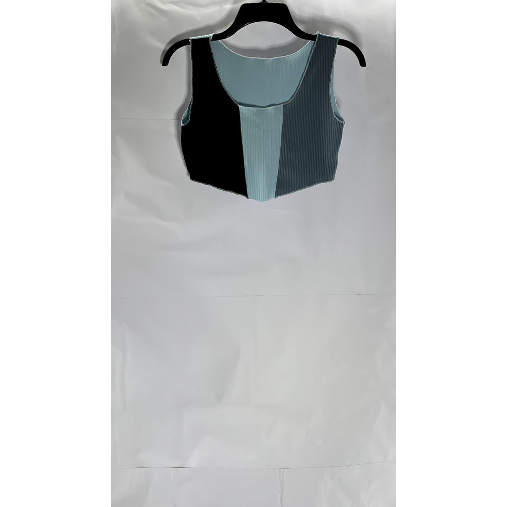 UNBRANDED Women's Blue-Black Colorblock Ribbed Scoop-Neck Crop Tank Top SZ S