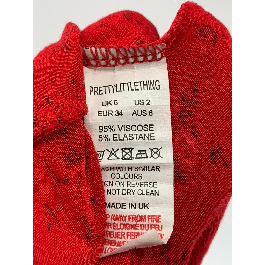PRETTYLITTLETHING Women's Red Ditsy Floral Lace-Up Bodycon Mini Dress SZ 2