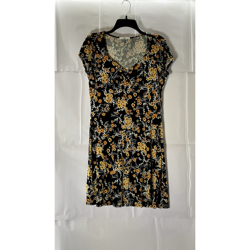 MNG BASICS Women's Black Floral V-Neck Short Sleeve Pullover Mini Dress SZ 8