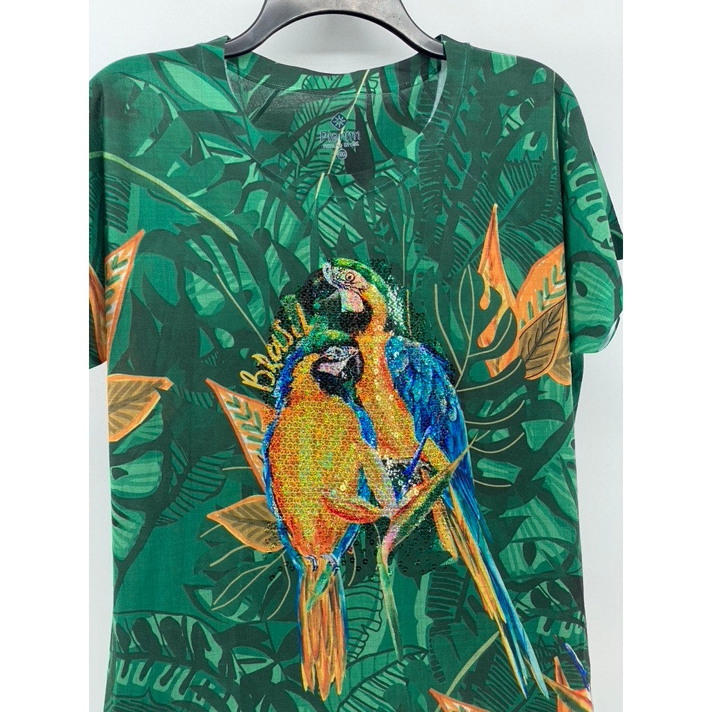 PIERIM Women's Green Sequin-Embellished Macaw Crewneck Short Sleeve Top SZ L