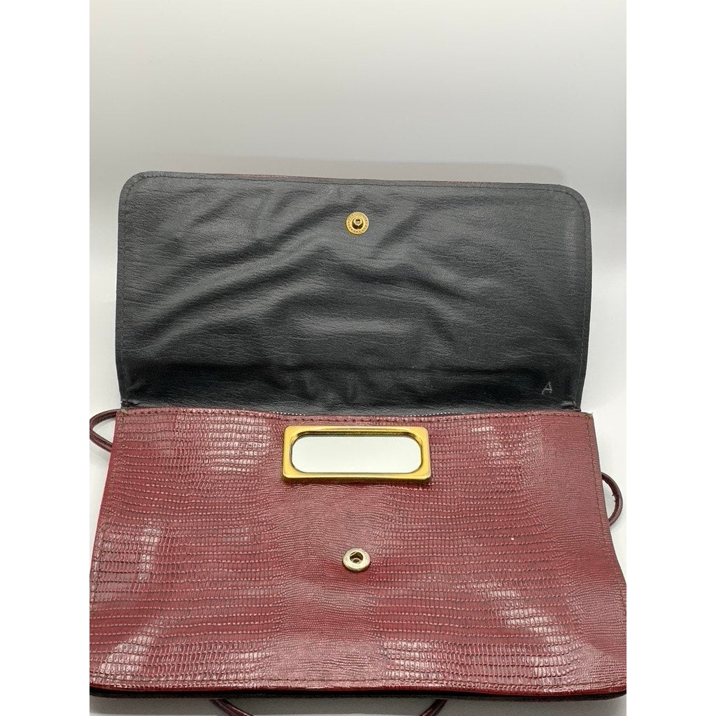 Women's Vintage Burgundy Snakeskin Flap Snap Button Cross Body Clutch Bag