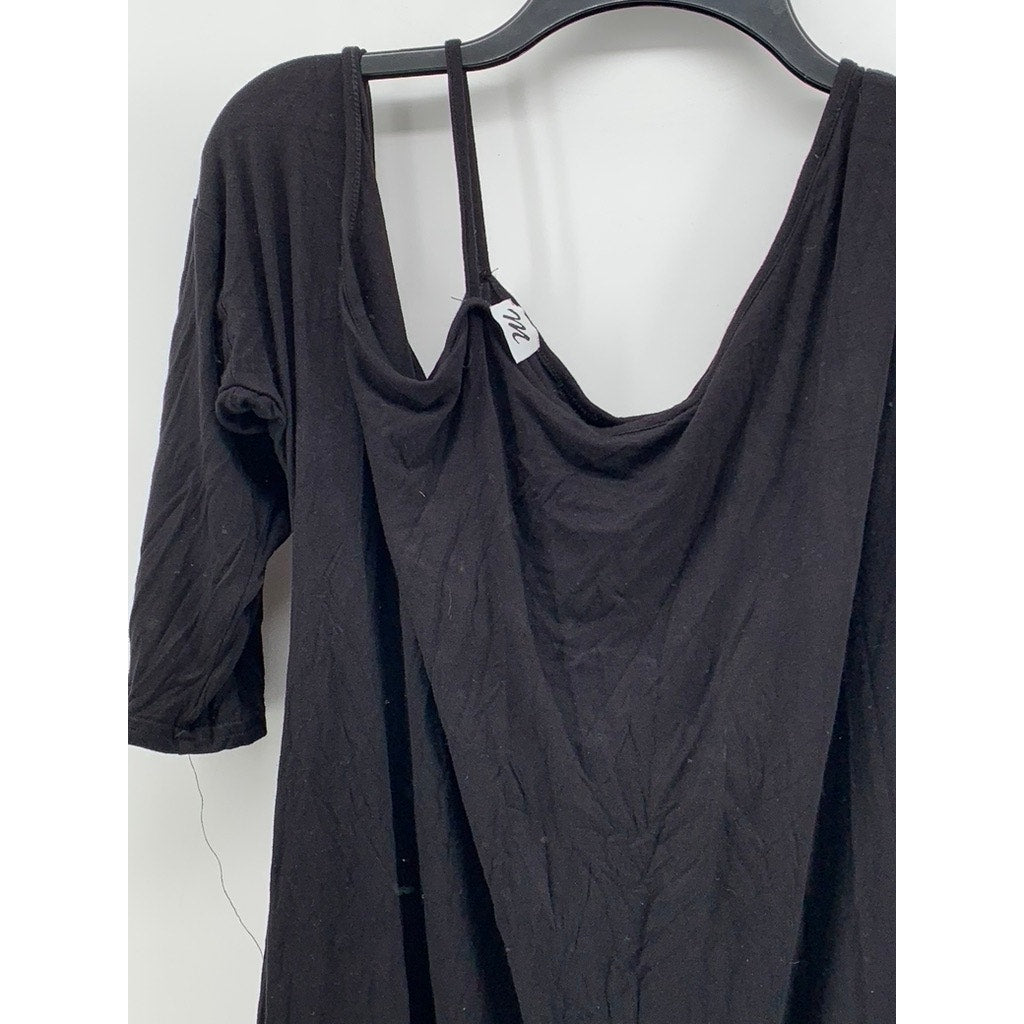 M Women's Black Cutout Shoulder Elbow Sleeve Asymmetrical Dress SZ L
