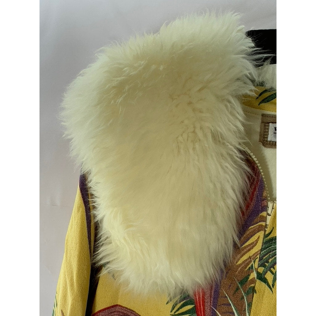 WESTERLY USA Women's Vintage Yellow Floral Fur Collar Zip-Up Jacket SZ M