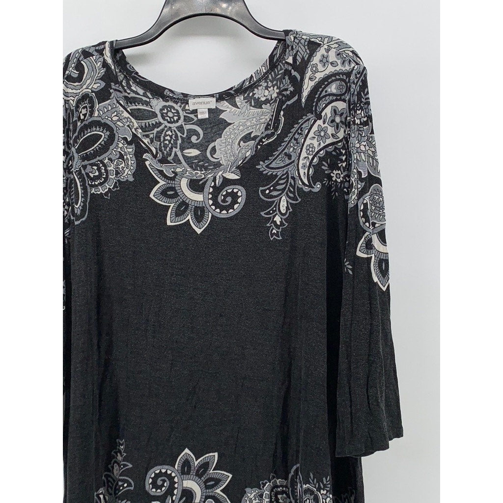 AVENUE Women's Plus Washed Black Paisley Printed 3/4 Sleeve Top SZ 26/28