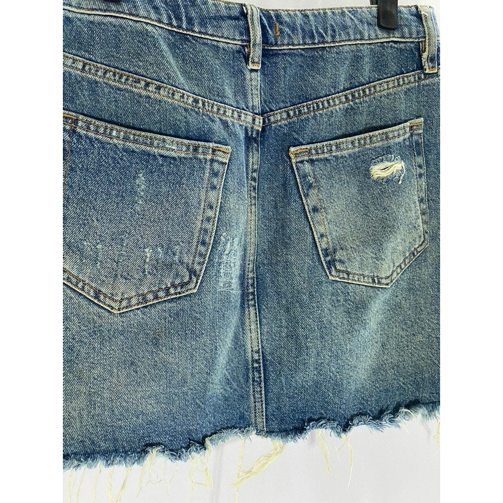 WE THE FREE Women's Blue Denim Distressed Raw-Hem Button-Fly Mini Skirt SZ 28