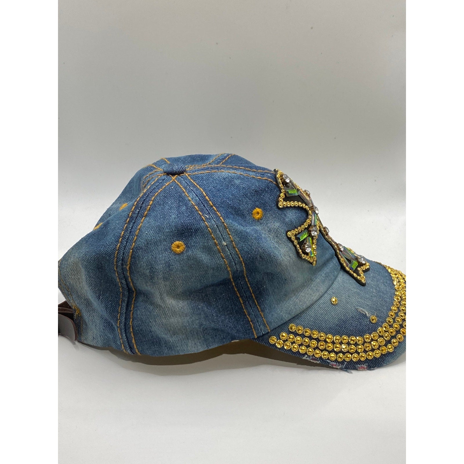 UNBRANDED Women's Blue-Gold Denim Cross Rhinestone Studded Baseball Cap SZ OS