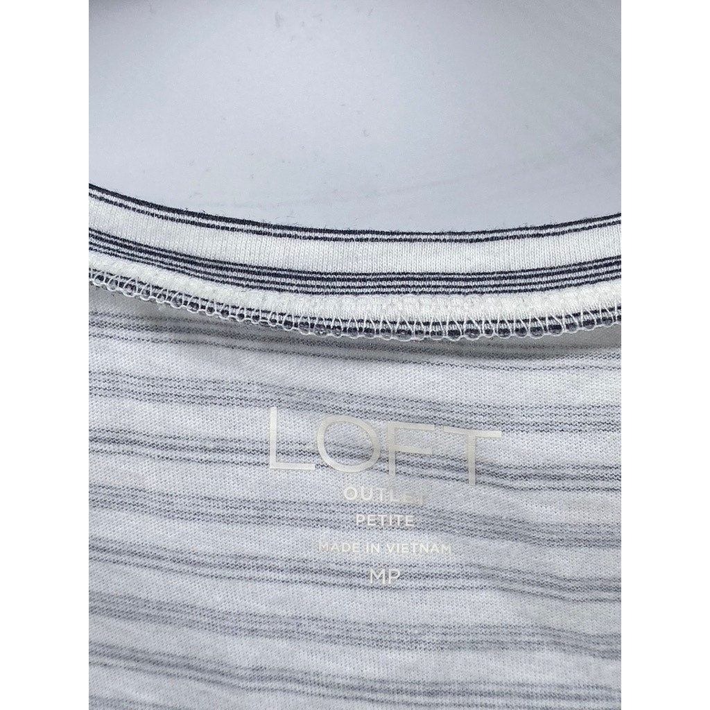 LOFT OUTLET Women's Petite White-Gray Striped Crewneck Ruffle-Hem Top M/P