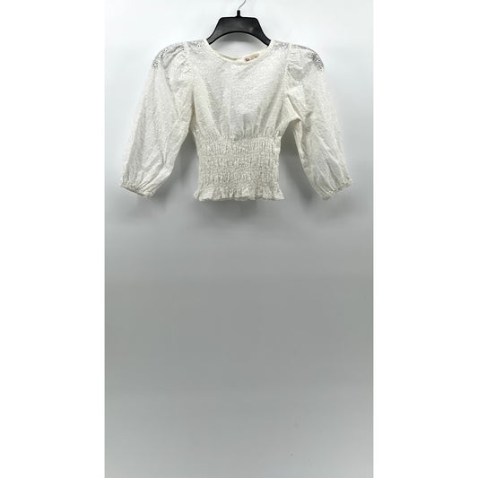 SO Women's White Floral Eyelet Smocked Crewneck Long Sleeve Cropped Top SZ XS