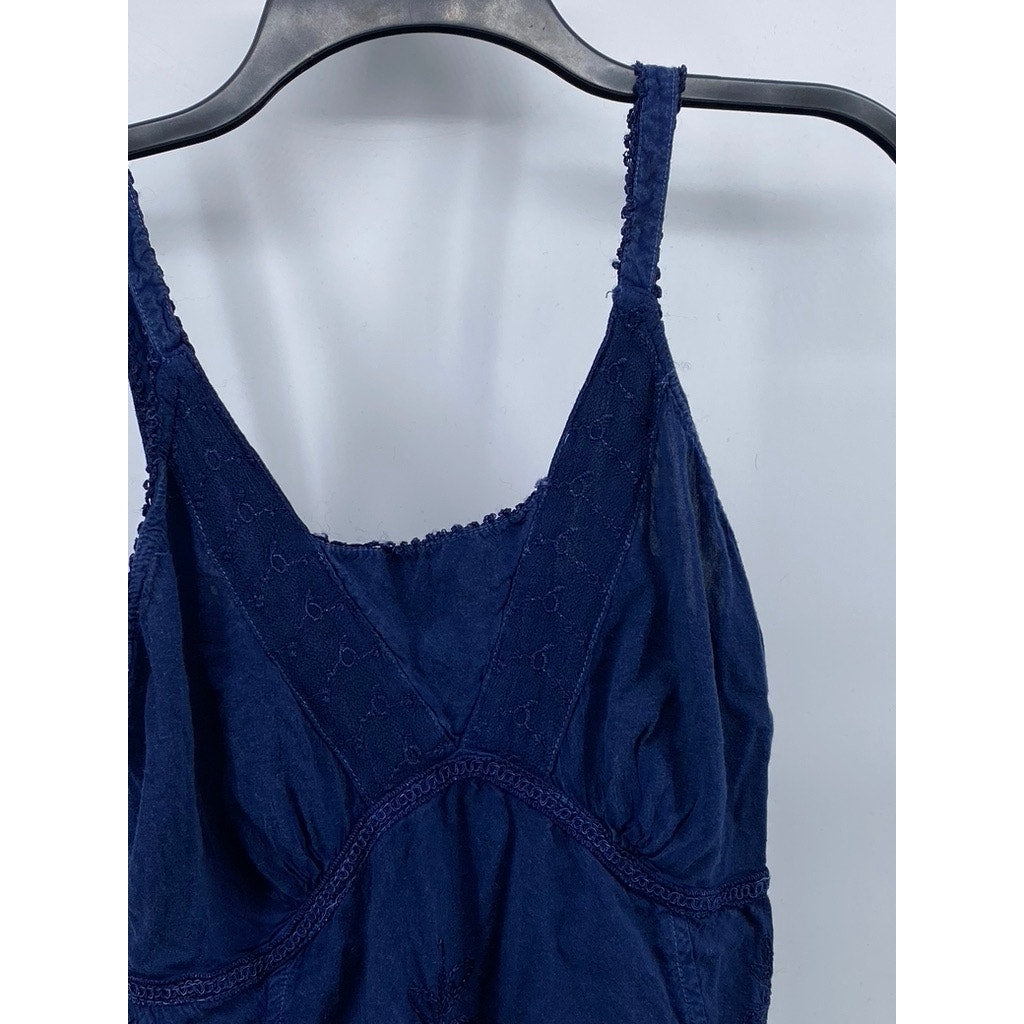 REBELLION Women's Navy Blue Lace-Trim V-Neck Smocked Tank Top SZ M