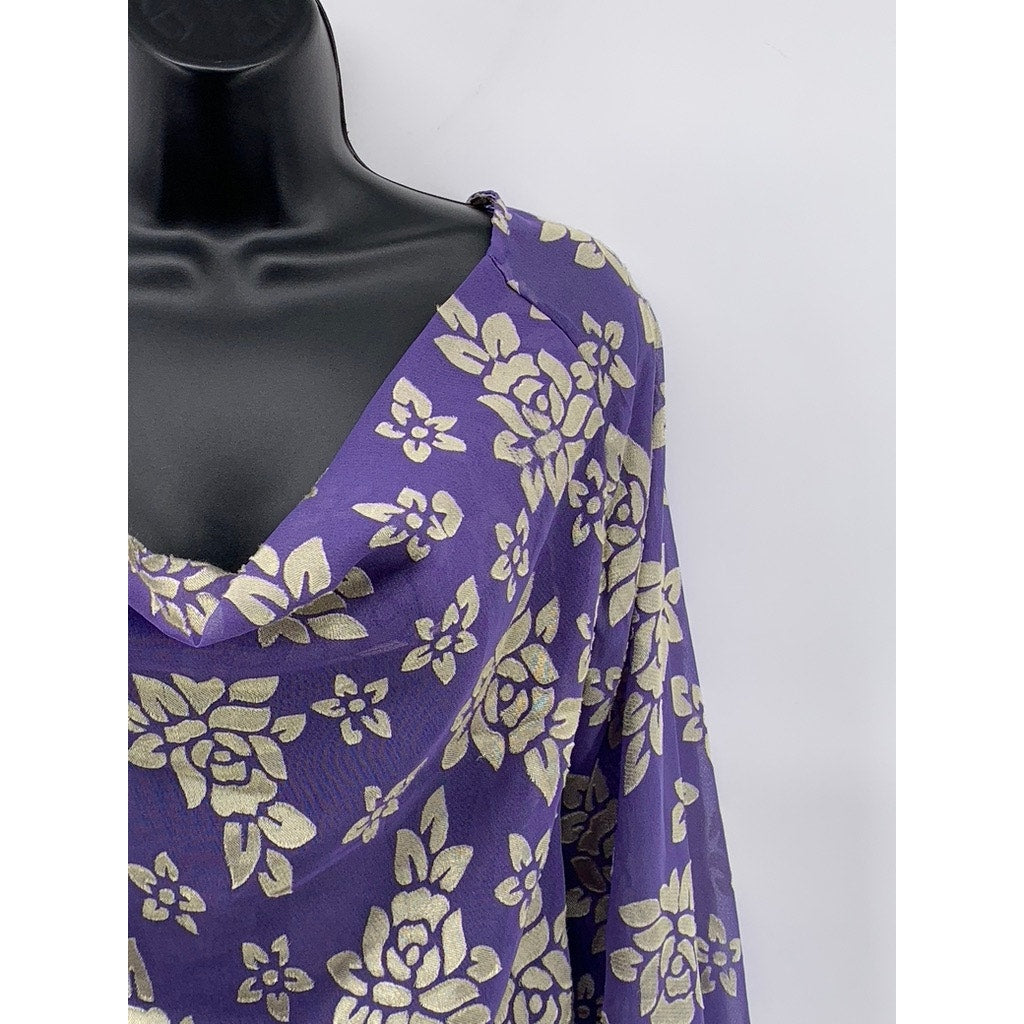 ASOS Women's Purple-Beige Floral Print Long Sleeve V-Neck Open Back Top SZ 4
