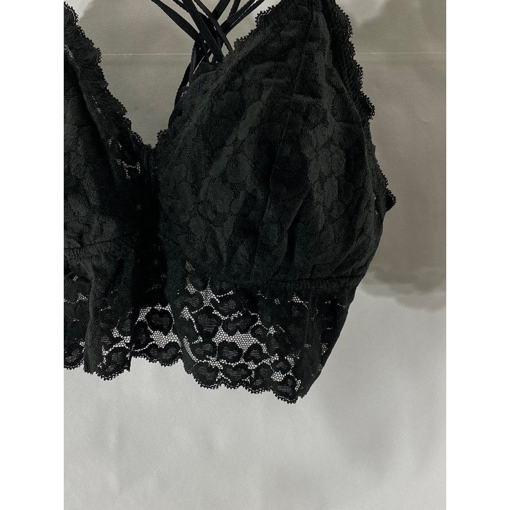 AERIE Women's Black Lace Adjustable Cross-Back Strappy Bralette SZ L
