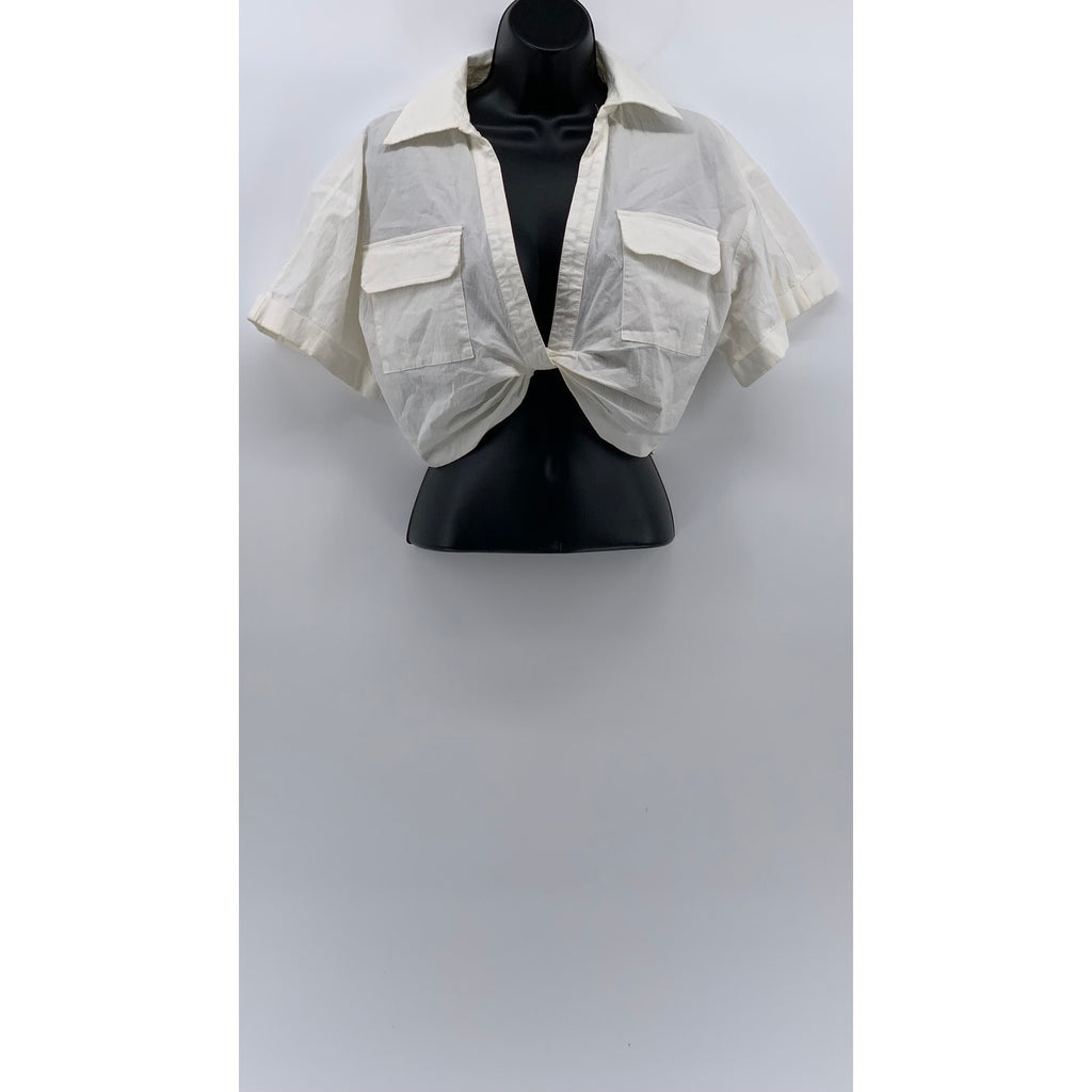 ZARA Women's White Solid Twist-Front Split-Neck Short Sleeve Crop Top SZ XS