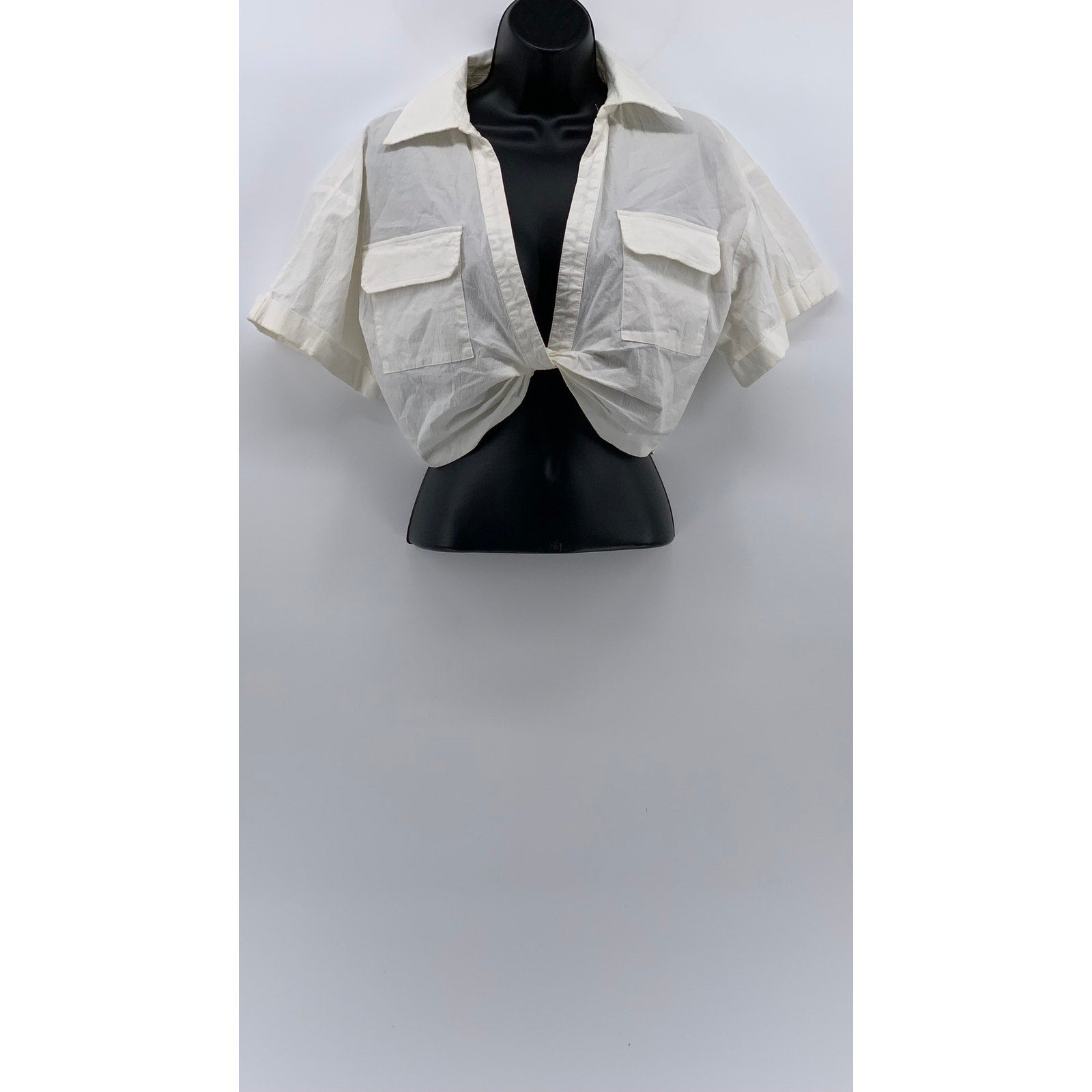 ZARA Women's White Solid Twist-Front Split-Neck Short Sleeve Crop Top SZ XS