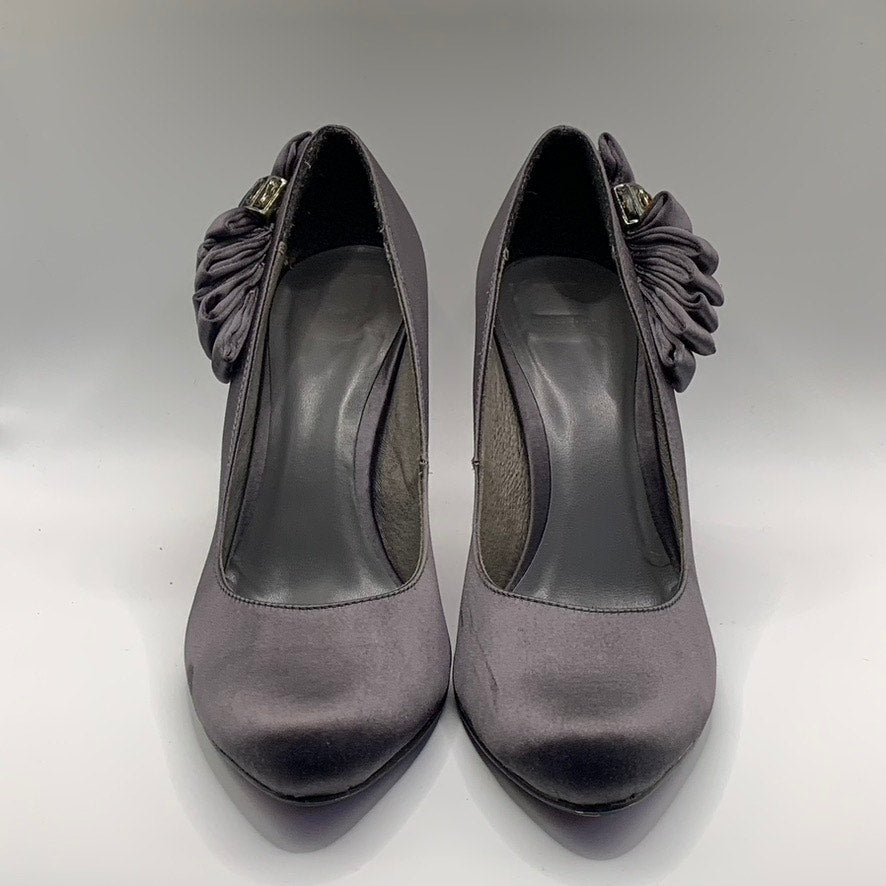 MANFIELD Women's Gray Satin Round-Toe Rhinestone Embellished Bow Pumps SZ40(US9)