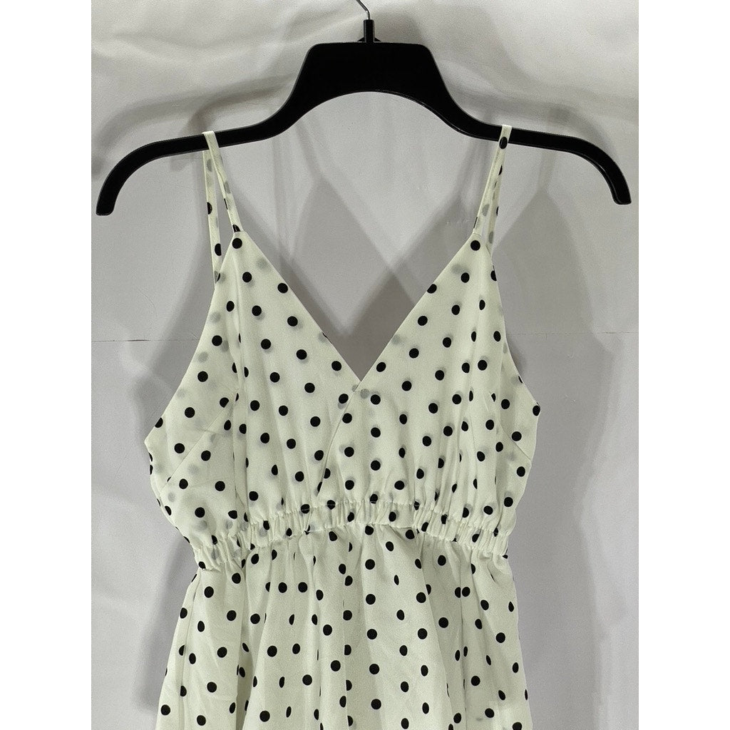 UNBRANDED Women's White-Black Polka-Dot V-Neck Tiered Midi Dress SZ S