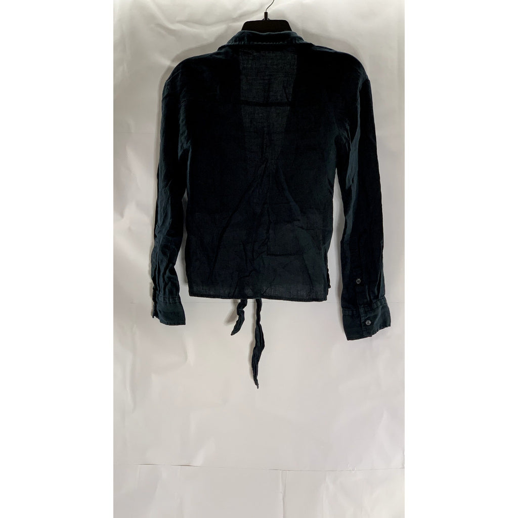 ZARA Women's Black Washed Hi-Lo Open Tie-Front Collared Long Sleeve Top SZ XS