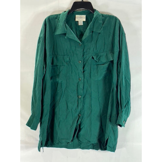 B. MOSS Women's Dark Green Flap Chest Pocket Button-Up Long Sleeve Silk Top SZ L