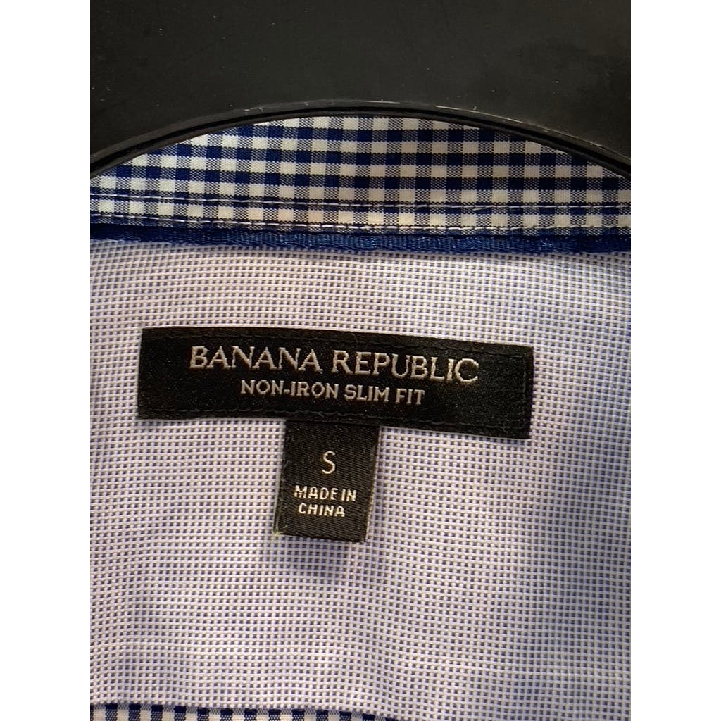 BANANA REPUBLIC Men's Navy Micro Gingham Slim-Fit No-Iron Button-Up Shirt SZ S