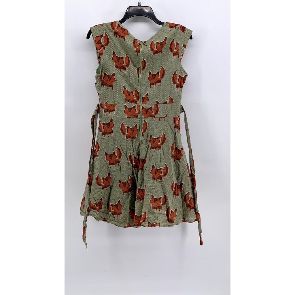 SM WARDROBE Women's Green Fox Print Sleeveless Tie-Back Mini Dress SZ S