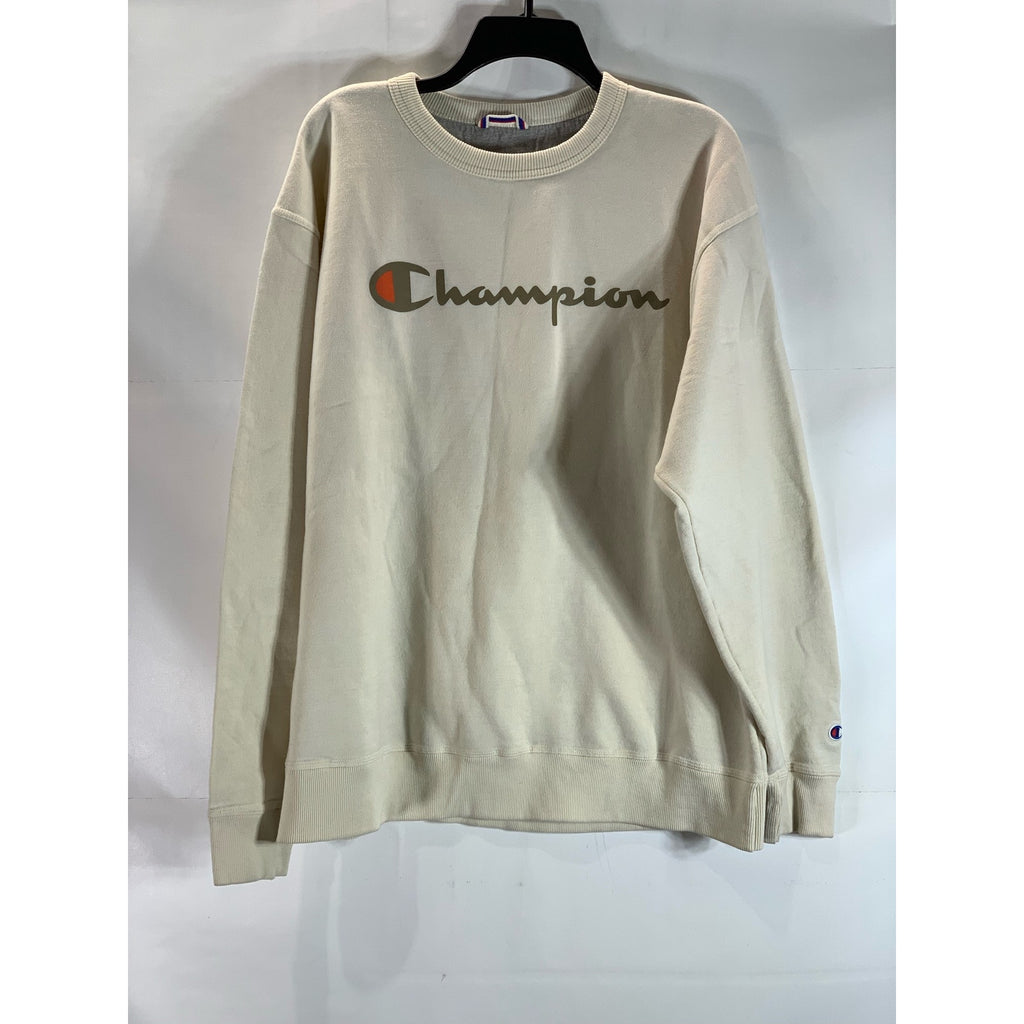 CHAMPION Men's Beige Crewneck Script Logo Powerblend Regular-Fit Sweatshirt SZXL